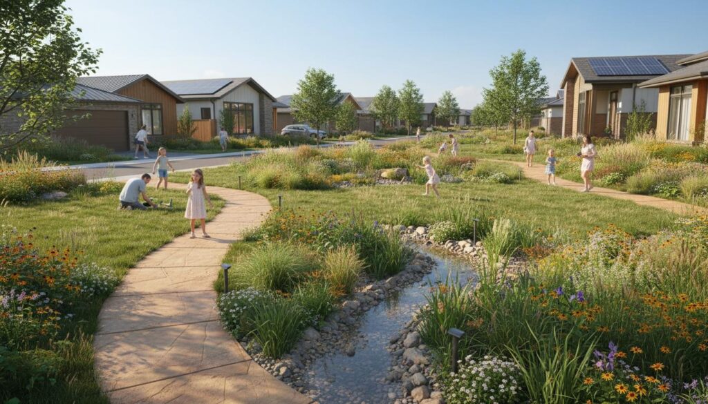 Solrigt nabolag med regnhaver