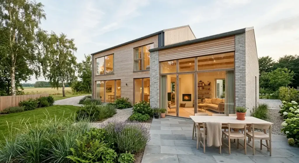 Nyt hus opført i moderne skandinavisk arkitektur med store vinduer og lys træbeklædning.