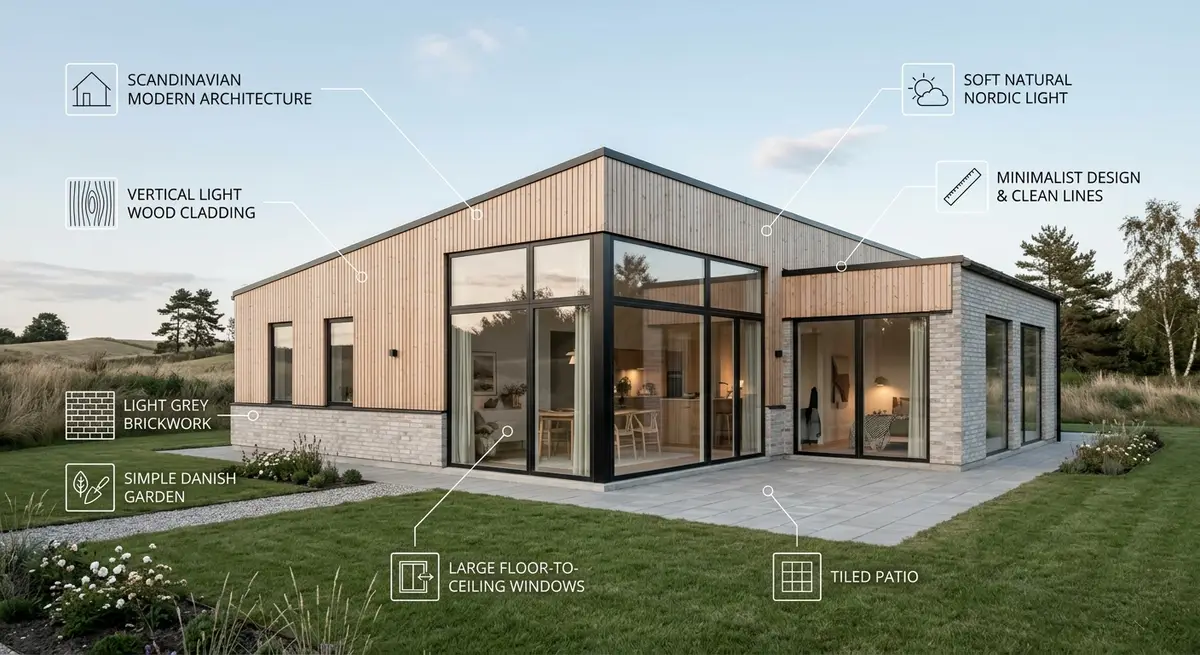 Nyt hus opført i moderne skandinavisk arkitektur med store vinduer og lys træbeklædning.